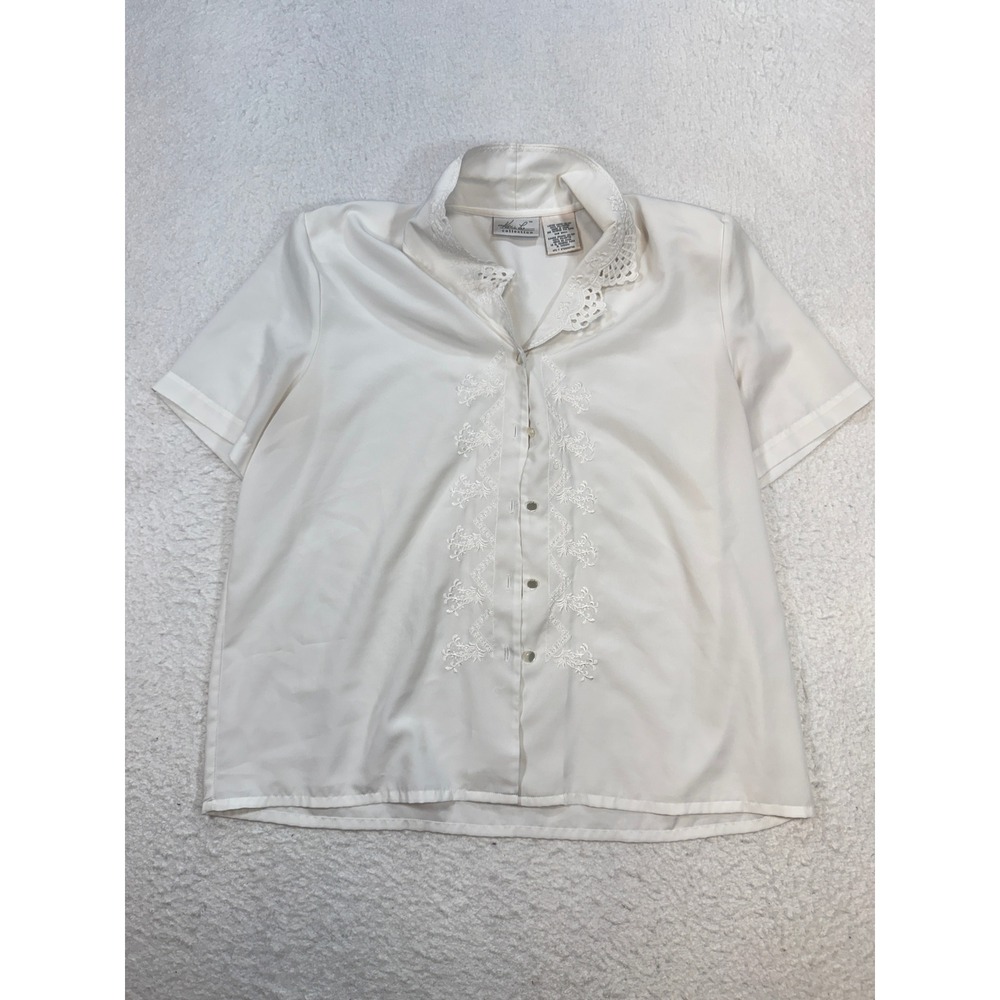 Kathie Lee Collection White Embroidered Lace Collar Blouse Short Sleeve Large